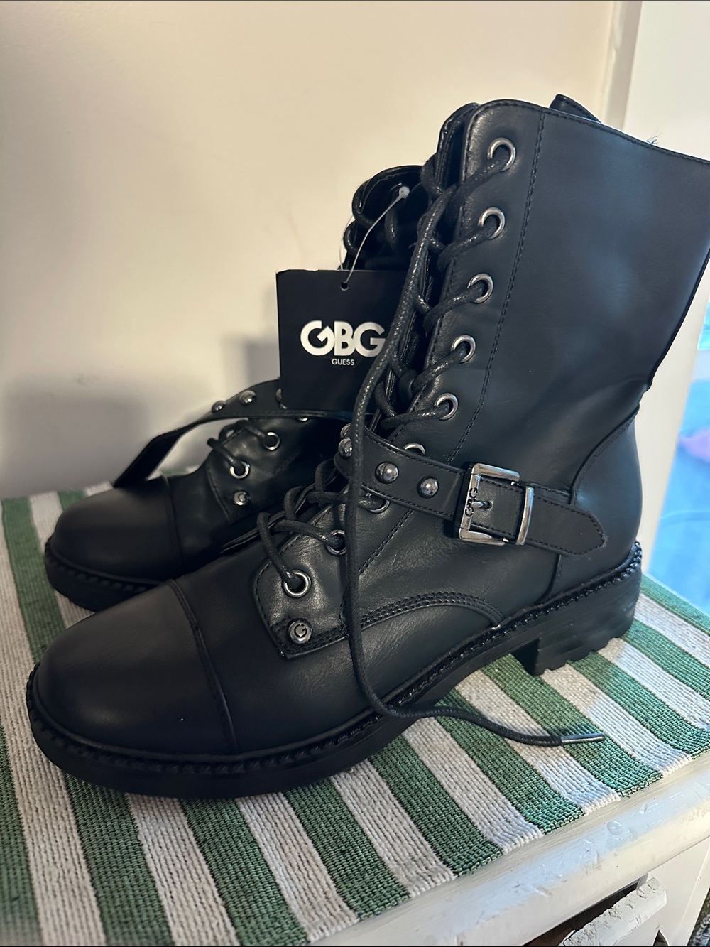 GBG Los Angeles Black Lace-Up Leather Combat Booties